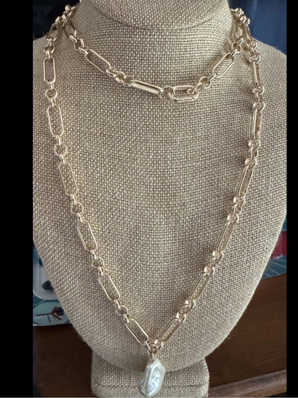 J Crew Gold Chain Statement Necklace 38.5” w/ Large Freshwater Pearl NWT NEW